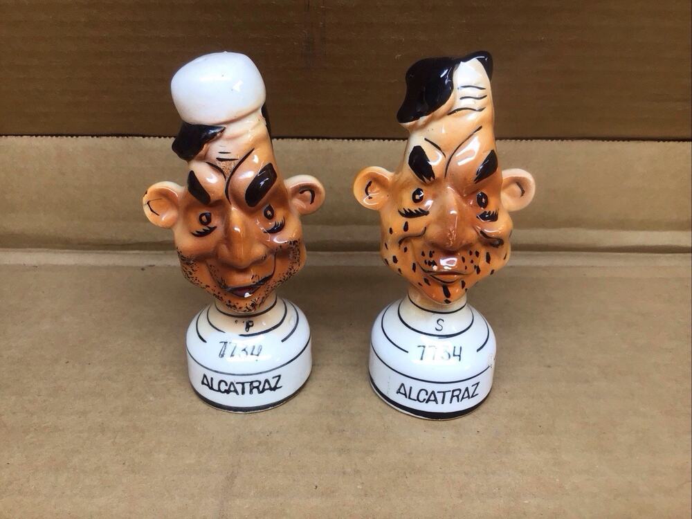 Vintage Alcatraz Prison Inmate Salt Pepper Shakers Japan Ceramic Convict #7734